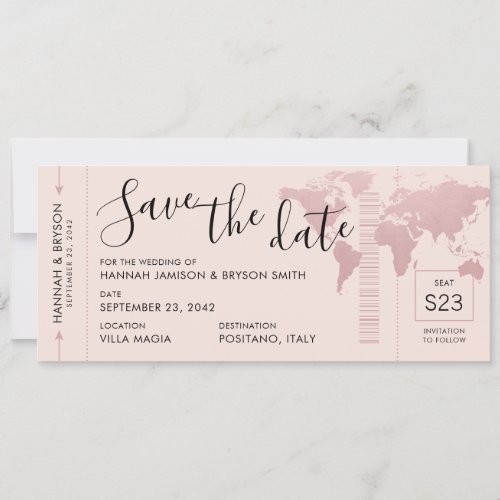 Save the Date Rose Gold World Map Boarding Pass Announcement