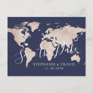Save the Date Rose Gold World Map Save the Date Announcement Postcard