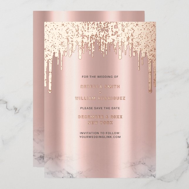 Save The Date Rosegold Glitter Drips Foil Cards (Front/Back)