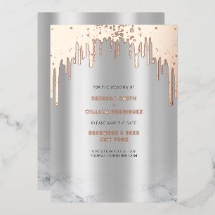 Save The Date Rosegold Glitter Drips Silver Foil Holiday Card
