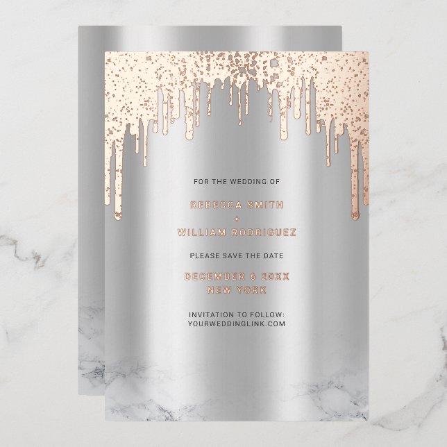 Save The Date Rosegold Glitter Drips Silver Foil Holiday Card (Front/Back)