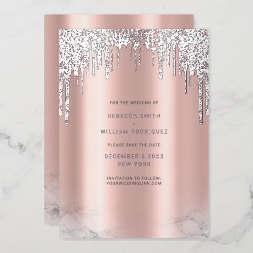 Save The Date Rosegold Glitter Drips Silver Foil Holiday Card