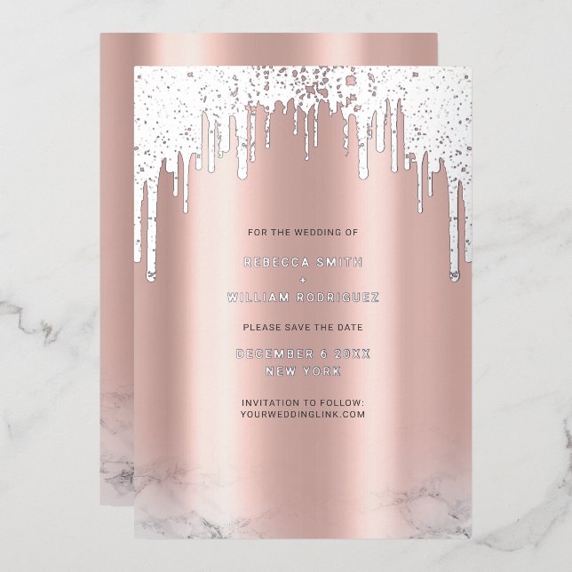Save The Date Rosegold Glitter Drips Silver Foil Holiday Card (Front/Back)