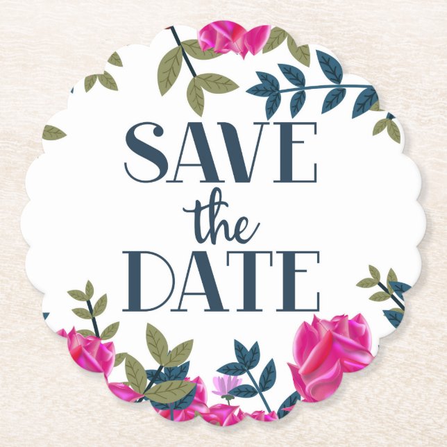 Save The Date Roses and Petals. Paper Coaster (Front)