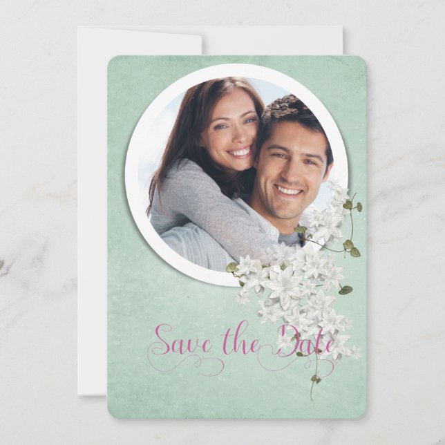 save the date-round frame on soft green save the date (Front)