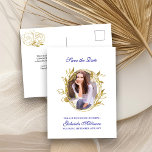 Save the Date Royal Blue and Gold Leaf Frame Photo Announcement Postcard<br><div class="desc">Save the Date Postcard, personalized with your photo, which is framed with a botanical leaf geometric oval frame. The design has a color palette of royal blue and gold with elegant fancy script typography. The template is set up for you to add your picture, occasion, name, date and message on...</div>