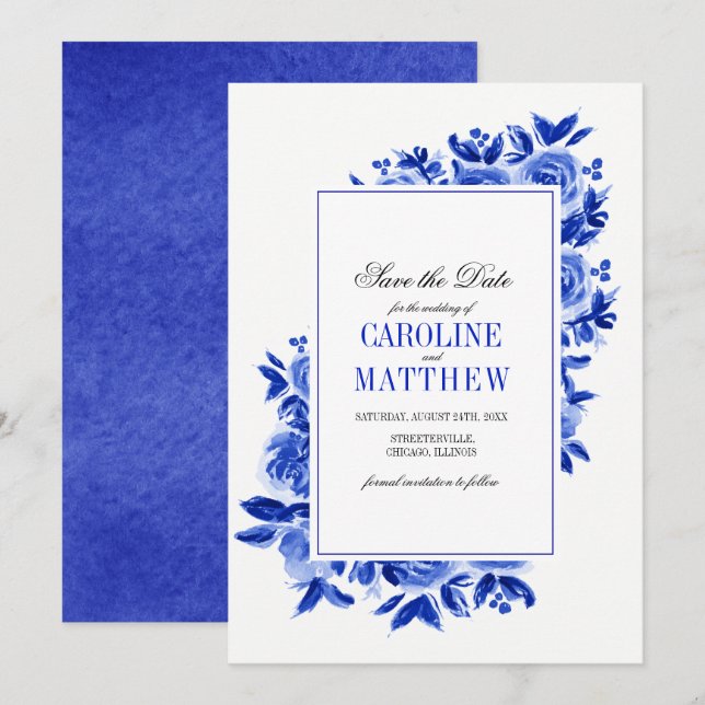 Save the Date. Royal Blue Floral Wedding Cards (Front/Back)