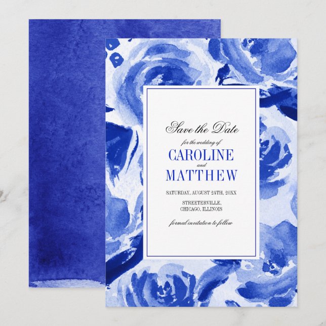 Save the Date. Royal Blue Floral Wedding Cards (Front/Back)
