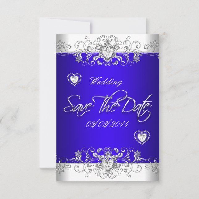 Save The Date Royal blue Wedding White Diamond Hea (Front)