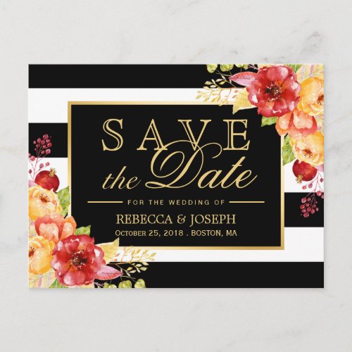 Save the Date _ Rustic Autumn Gold Floral Stripes Announcement Postcard