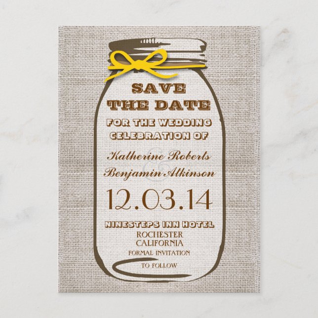 save the date rustic burlap mason jar announcement postcard (Front)