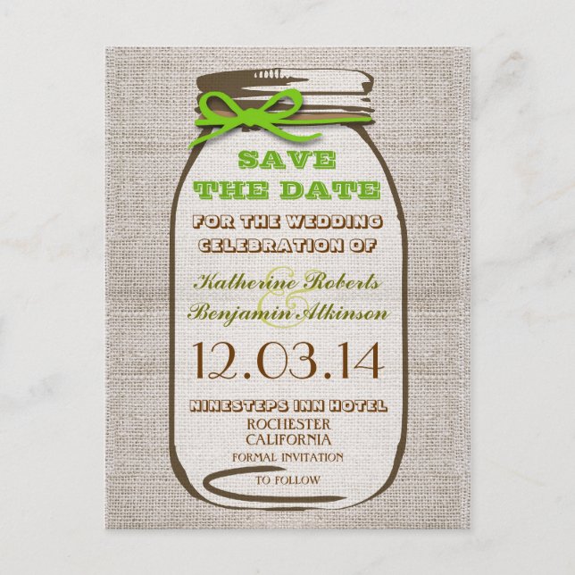 save the date rustic burlap mason jar announcement postcard (Front)