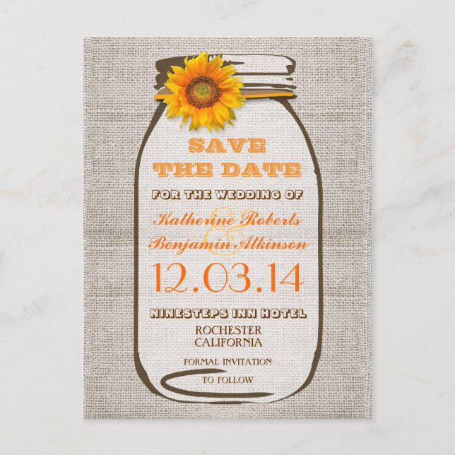 save the date rustic burlap mason jar sunflower announcement postcard (Front)