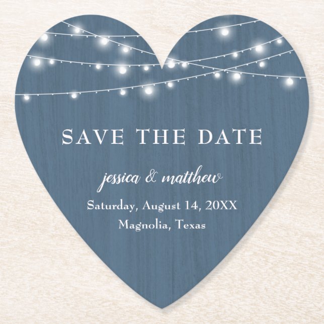 Save the Date Rustic Farmhouse Blue String Lights Paper Coaster (Front)