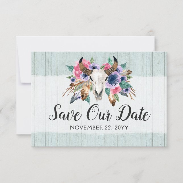 Save The Date Rustic Floral Cow Skull Boho Wedding (Front)