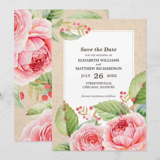 Save the Date. Rustic Floral Wedding Announcements (Front/Back)