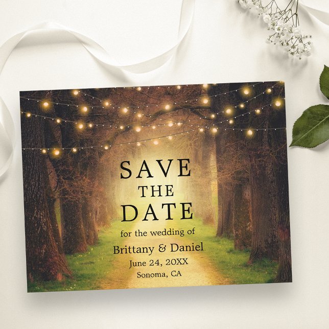Save The Date Rustic Forest Path String Lights Announcement Postcard (Customize to change text size or text style.)