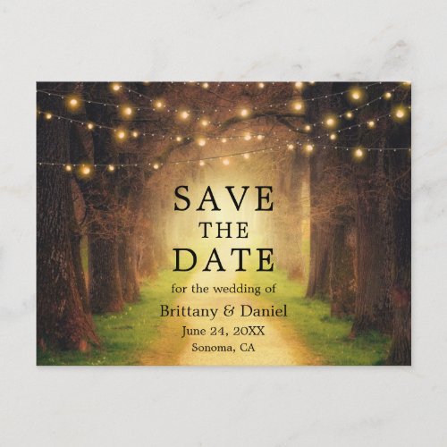 Save The Date Rustic Forest Path String Lights Announcement Postcard