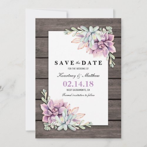 Save the Date Rustic Garden Succulent Floral - Country chic save the date cards featuring a rustic wood barn background, a succulent corner display and a personalized save our date text template.
Click on the “Customize it” button for further personalization of this template. You will be able to modify all text, including the style, colors, and sizes.
You will find matching items further down the page, if however you can't find what you looking for please contact me.