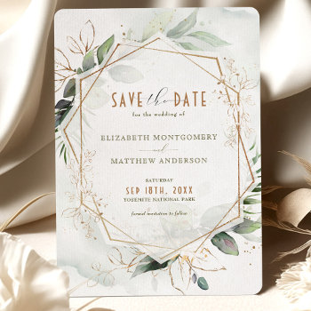 Save The Date Rustic Green & Gold Wedding Invitation by DIYPaperBoutique at Zazzle