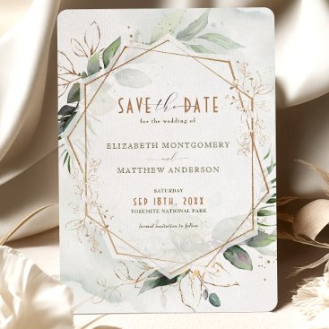Save The Date Rustic Green & Gold Wedding Invitation