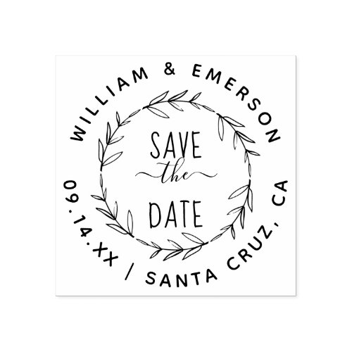 Save The Date  Rustic Hand Drawn Wreath Wedding Rubber Stamp
