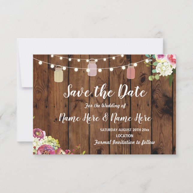 Save The Date Rustic Jar Lights Wood Floral Invite (Front)