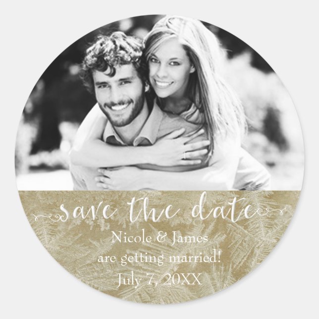 SAVE THE DATE Rustic Kraft Paper Winter Photo Classic Round Sticker (Front)