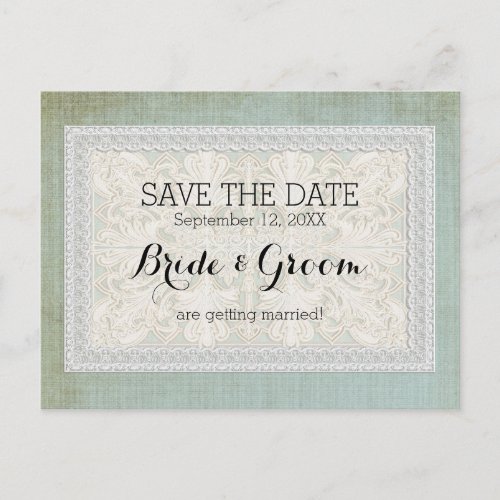 Save the Date Rustic Lace w Aged Vintage Linen Announcement Postcard