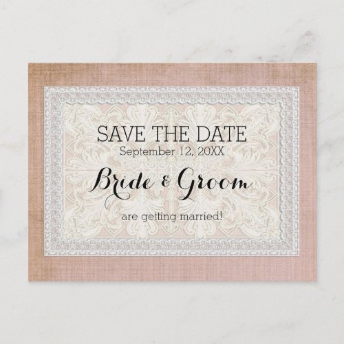 Save the Date Rustic Lace w Aged Vintage Linen Announcement Postcard