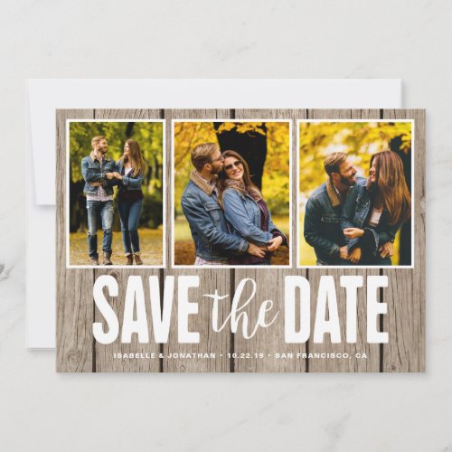 Save the Date Rustic Light Wood 3 Photo Collage