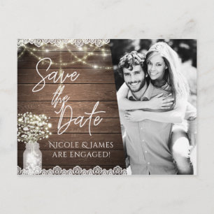 Save the Date Rustic Mason Jar Baby's Breath Photo Announcement Postcard