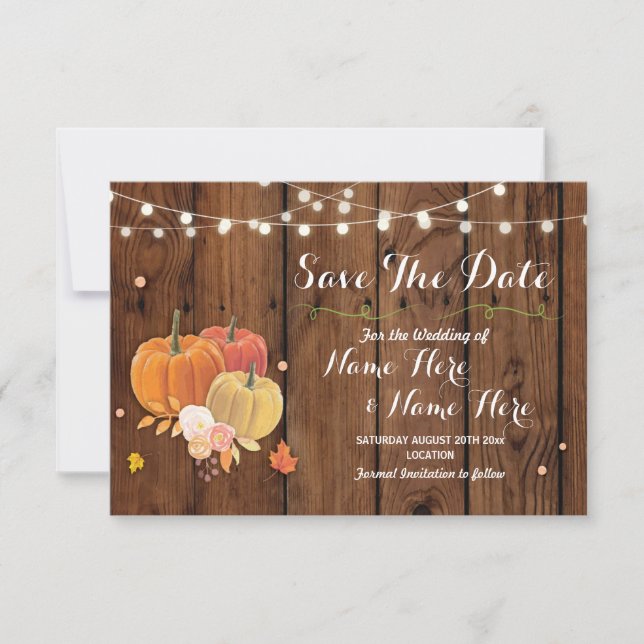 Save The Date Rustic Pumpkin Lights Wood Wedding (Front)