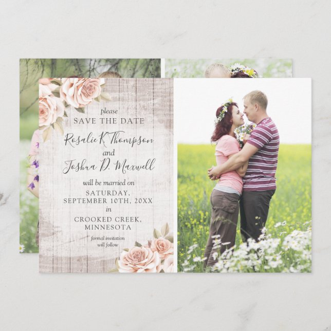 Save The Date Rustic Romantic Roses 4-Photo Card (Front/Back)