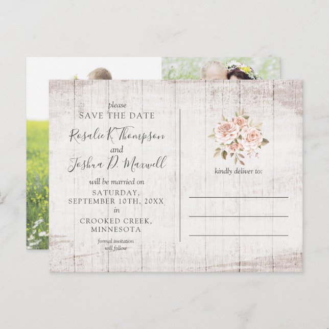 Save The Date Rustic Roses Photo Collage Postcard (Front/Back)