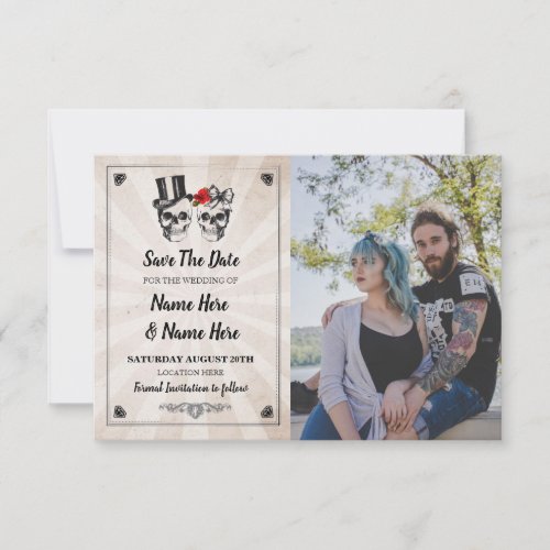 Save The Date Rustic Skulls Photo Roses Card