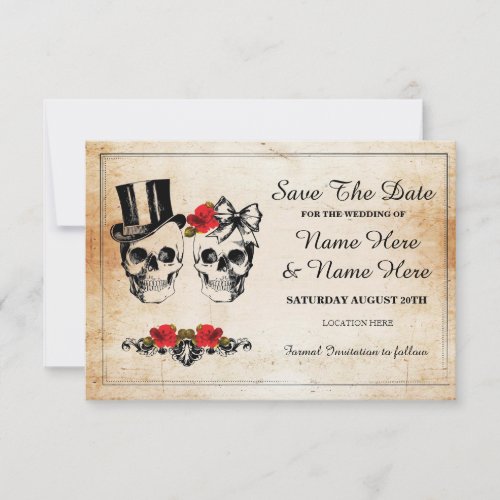 Save The Date Rustic Skulls Roses Card