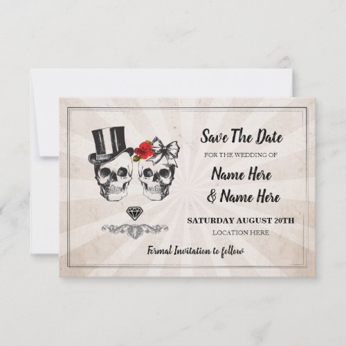 Save The Date Rustic Skulls Roses Card Diamond