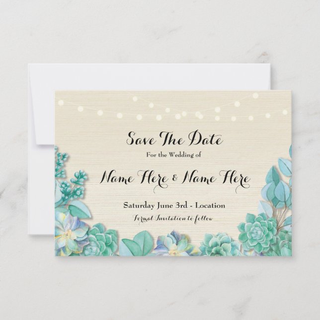 Save The Date Rustic Succulents Mint Lights Invite (Front)