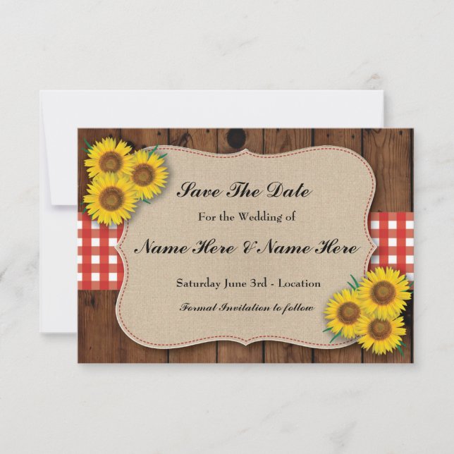 Save The Date Rustic Sunflower Red Check Card (Front)