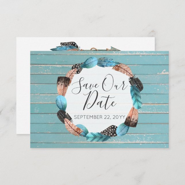 Save The Date Rustic Turquoise Feathers Boho Arrow Invitation (Front/Back)