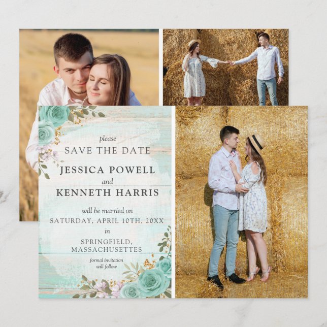 Save The Date Rustic Turquoise Floral 4-Photo Card (Front/Back)