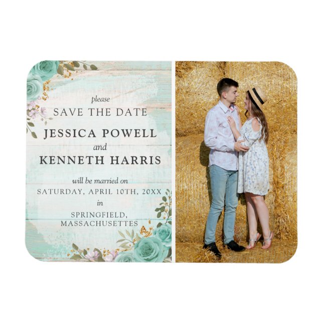 Save The Date Rustic Turquoise Floral Custom Photo Magnet (Horizontal)