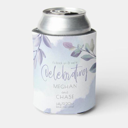 Save the Date Rustic Watercolor Aqua Lilac Leaves Can Cooler