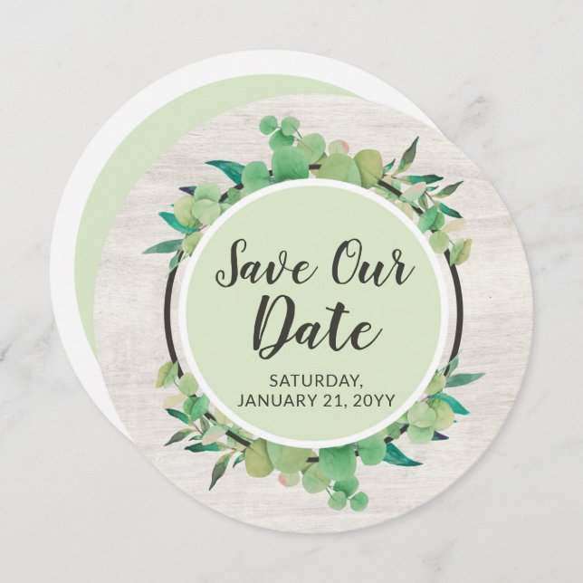 Save The Date Rustic Wood & Eucalyptus Botanical Invitation (Front/Back)