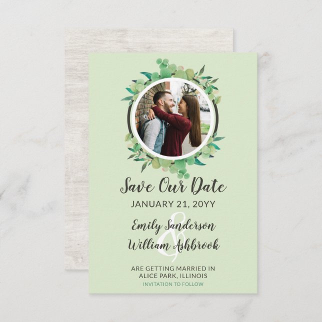 Save The Date Rustic Wood & Eucalyptus Botanical Invitation (Front/Back)