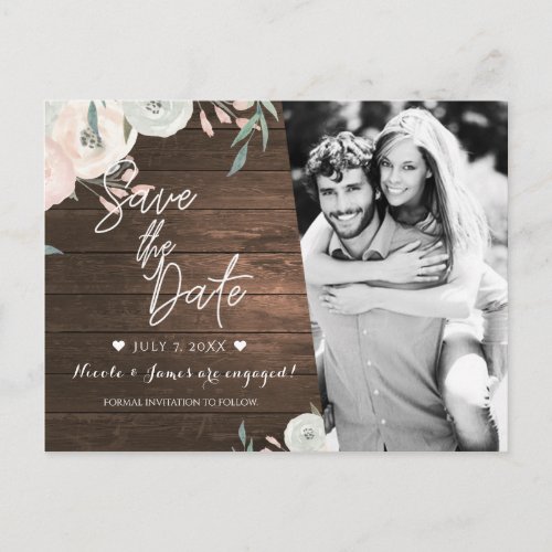 Save the Date Rustic Wood Floral Chic Photo Announcement Postcard