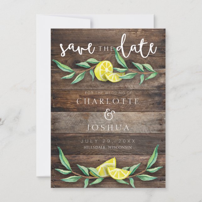 SAVE THE DATE | Rustic Wood Lemon Wedding Card (Front)