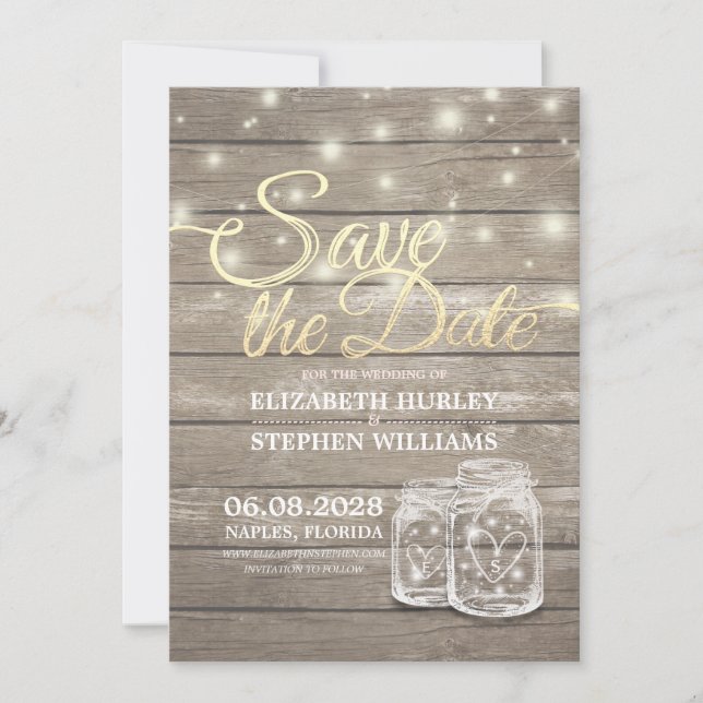 Save The Date Rustic Wood Mason Jar String Lights (Front)