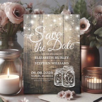 Save The Date Rustic Wood Mason Jar String Lights by ReadyCardCard at Zazzle